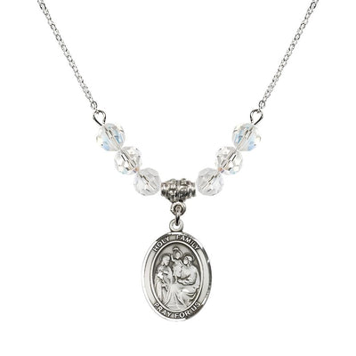 Holy Family Beaded Necklace with Sterling Silver Medal, 6mm Austrian Crystal Clear Crystal Beads for April, Bliss Manufacturing