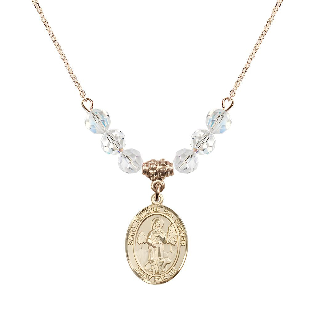 Bliss St. Isidore the Farmer Oval 14kt Gold-filled 6mm Clear Crystal Austrian Crystal Beaded Necklace, Measures 3/4 inch tall by 1/2-inch wide, Gift Box.