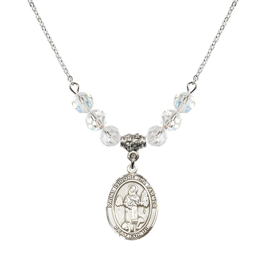 Bliss St. Isidore the Farmer Oval Sterling Silver 6mm Clear Crystal Austrian Crystal Beaded Necklace, Measures 3/4 inch tall by 1/2-inch wide, Gift Box.