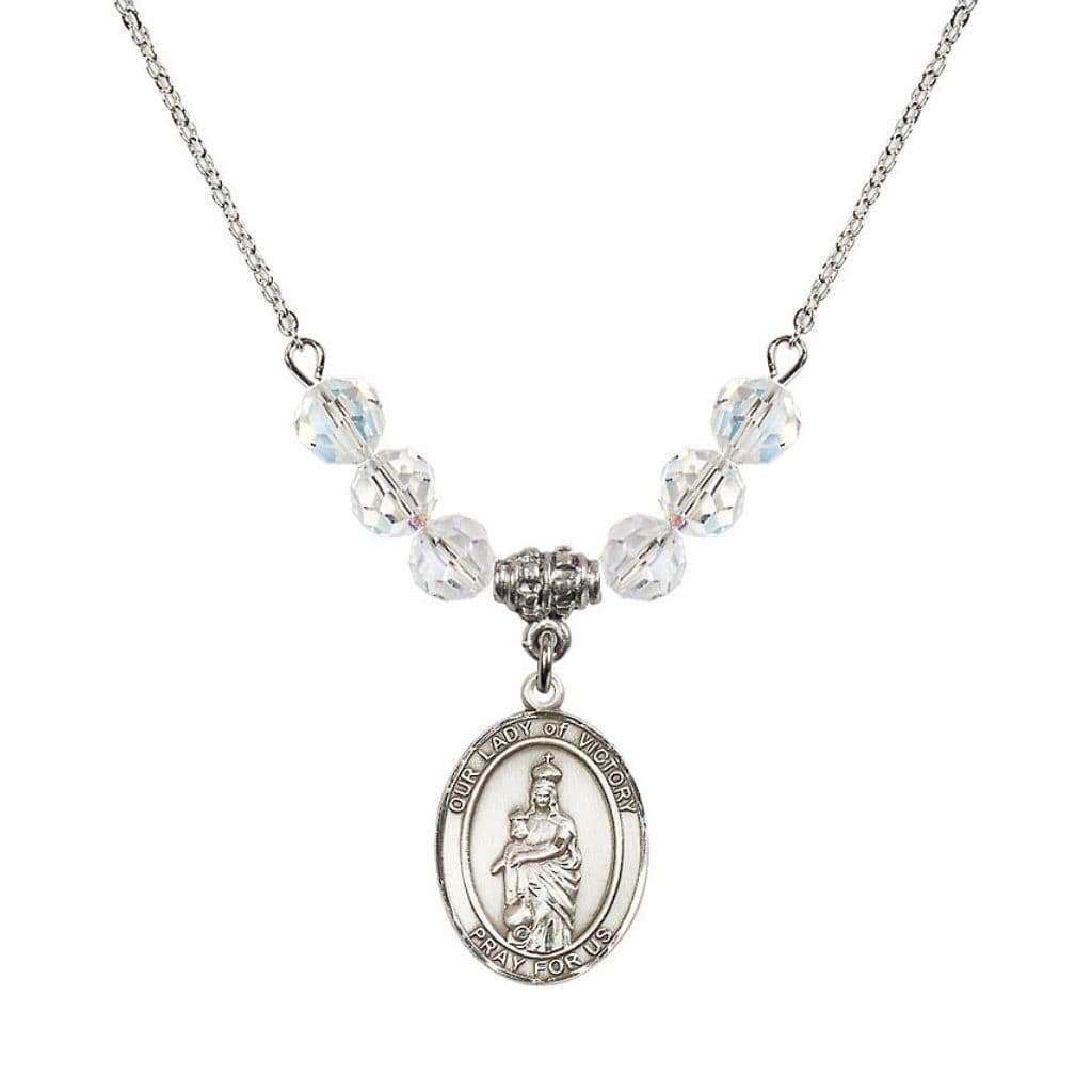 Bliss Our Lady of Victory Sterling Silver 6mm Clear Austrian Crystal Beaded Necklace with Plated Chain