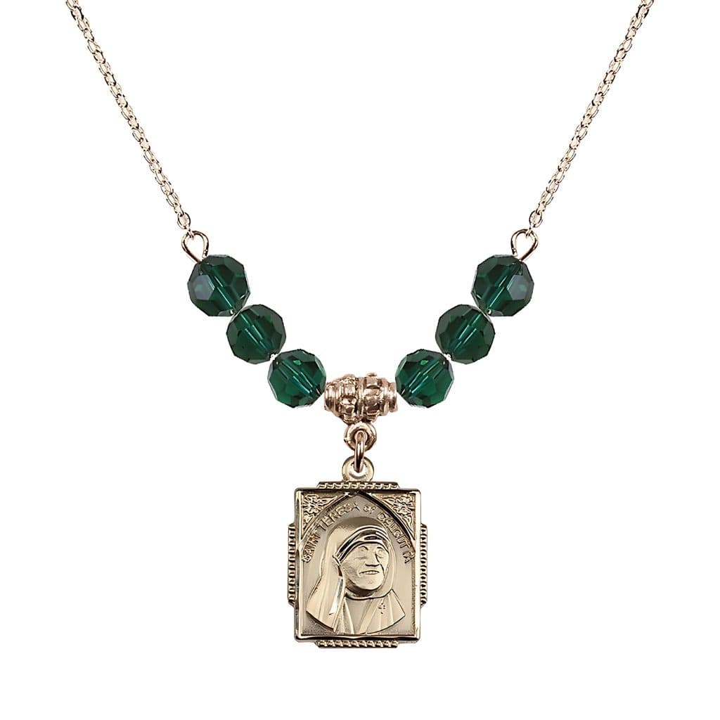 Bliss St. Teresa of Calcutta Square 14kt Gold-filled Emerald Crystal Birthstone Necklace,