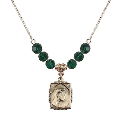 St. Teresa of Calcutta Square 14kt Gold-filled Emerald Crystal Birthstone Necklace, Bliss Manufacturing