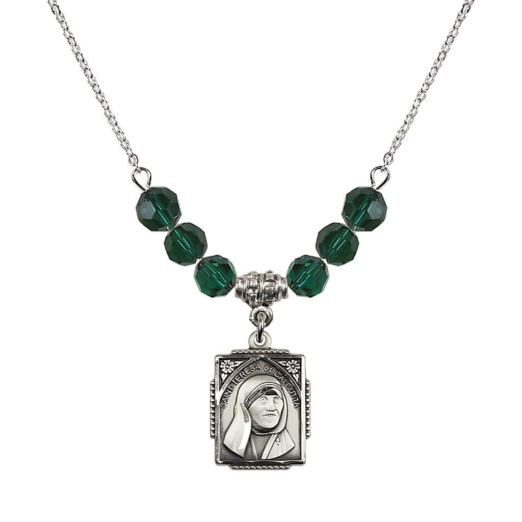 Bliss St. Teresa of Calcutta Square Sterling Silver Emerald Crystal Birthstone Necklace,