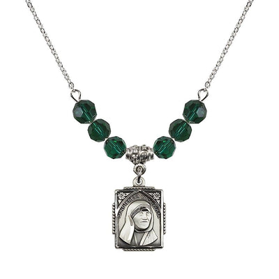 St. Teresa of Calcutta Square Sterling Silver Emerald Crystal Birthstone Necklace, Bliss Manufacturing