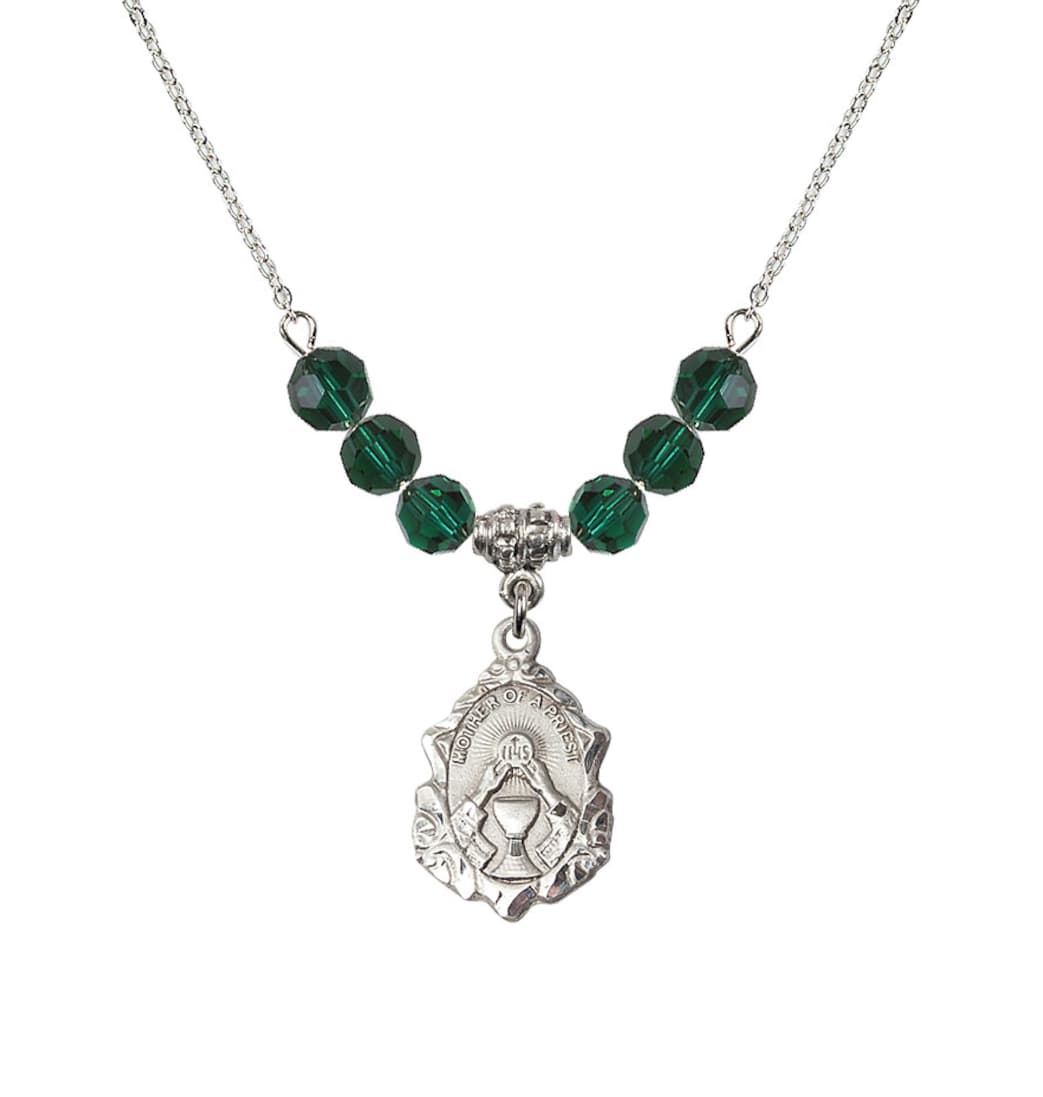 Bliss Sterling Silver Mother of a Priest 6mm Emerald Crystal Beaded Necklace,