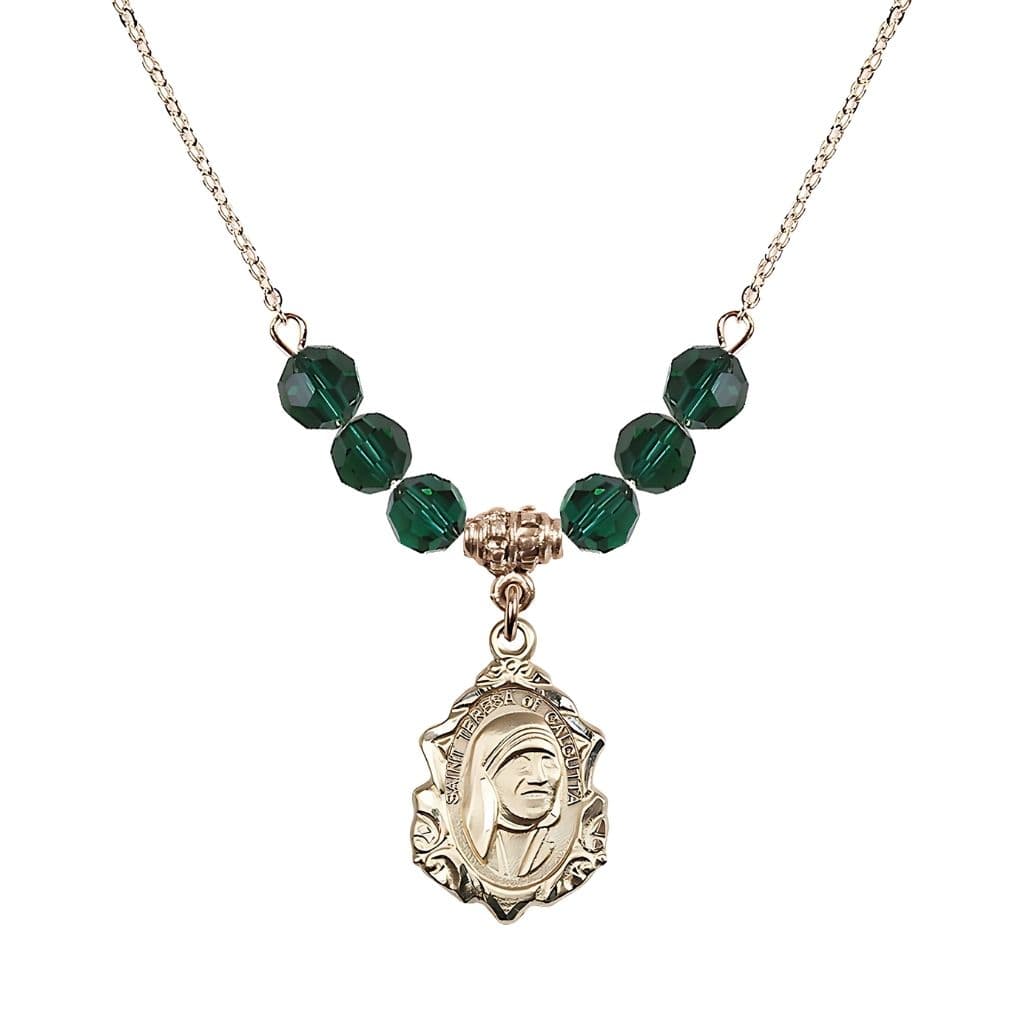 Bliss St. Teresa of Calcutta 14kt Gold-filled Crystal Birthstone Necklace with 6mm Emerald Crystal Beads