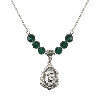 St. Teresa of Calcutta Sterling Silver Crystal Birthstone Necklace with 6mm Emerald Crystal Beads, Bliss Manufacturing