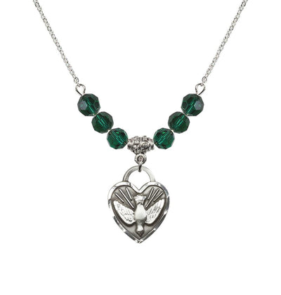 Dove Confirmation Heart Medal with 6mm Emerald Crystal Bead Necklace, 3/4 inch tall by 5/8 inch wide, Bliss Manufacturing