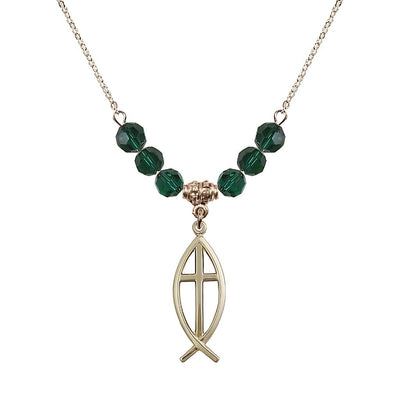 Fish Cross Crystal Emerald Birthstone Necklace with 18" Chain, Medal 1", Bliss Manufacturing