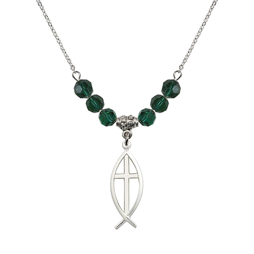 Bliss Fish Cross Crystal Birthstone Necklace with 18-inch Chain in Emerald, Medal 1 inch tall by 3/8 inch wide