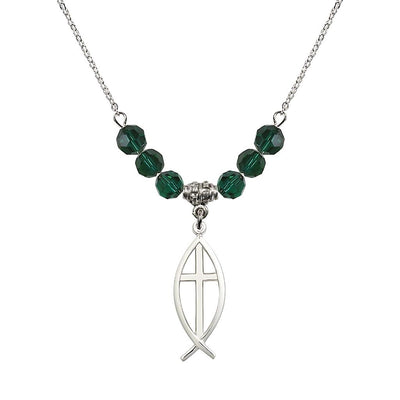 Fish Cross Crystal Birthstone Necklace with 18-inch Chain in Emerald, Medal 1 inch tall by 3/8 inch wide, Bliss Manufacturing