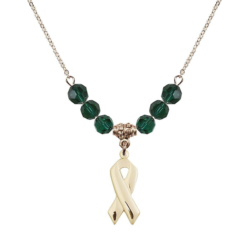 Bliss 14kt Gold-filled Cancer Awareness Ribbon Emerald Birthstone Crystal Beaded Necklace, Charm Measures 7/8 inch tall by 3/8 inch wide