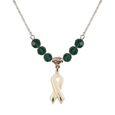 14kt Gold-filled Cancer Awareness Ribbon Emerald Birthstone Crystal Beaded Necklace, Charm Measures 7/8 inch tall by 3/8 inch wide, Bliss Manufacturing