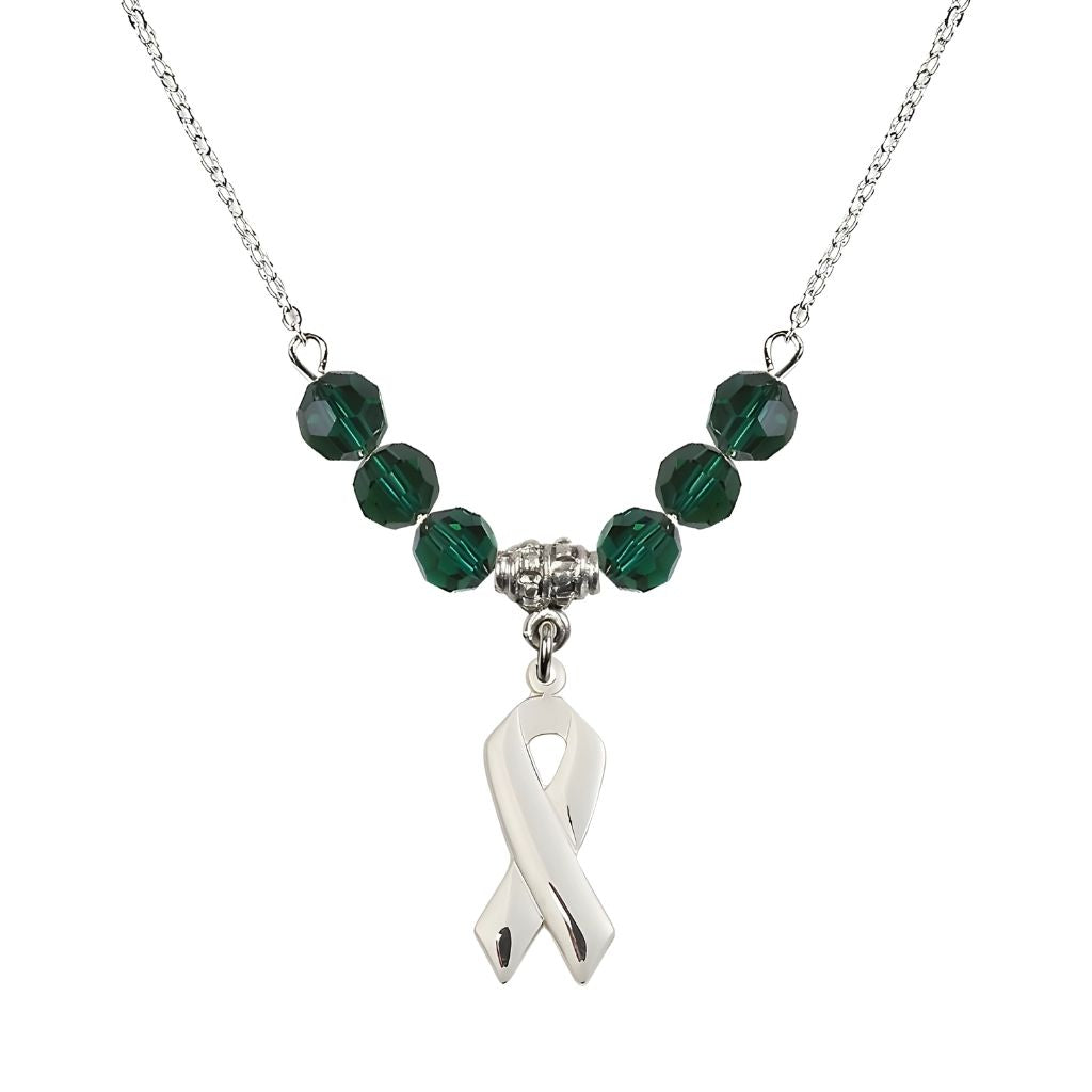 Bliss Sterling Silver Cancer Awareness Ribbon Emerald Birthstone Crystal Beaded Necklace, Charm Measures 7/8 inch tall by 3/8 inch wide