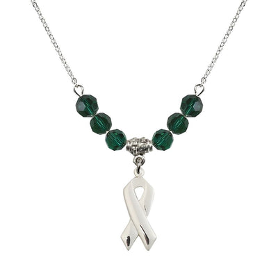 Sterling Silver Cancer Awareness Ribbon Emerald Birthstone Crystal Beaded Necklace, Charm Measures 7/8 inch tall by 3/8 inch wide, Bliss Manufacturing