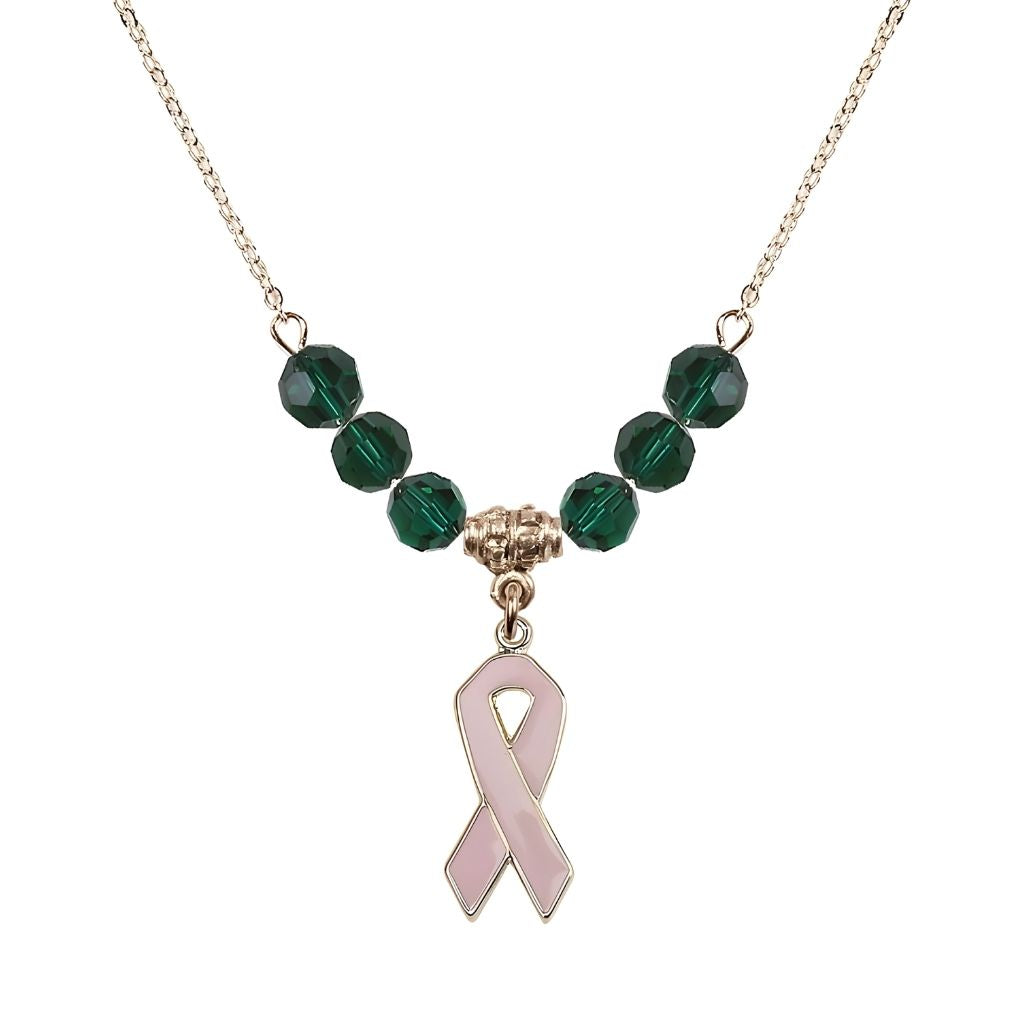 Bliss Gold-filled Breast Cancer Awareness Pink Ribbon Emerald Crystal Beaded Necklace, Measures 7/8-inch tall by 1/4-inch wide