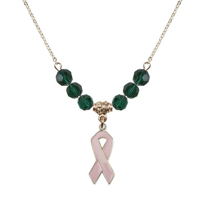 Gold-filled Breast Cancer Awareness Pink Ribbon Emerald Crystal Beaded Necklace, Measures 7/8-inch tall by 1/4-inch wide, Bliss Manufacturing