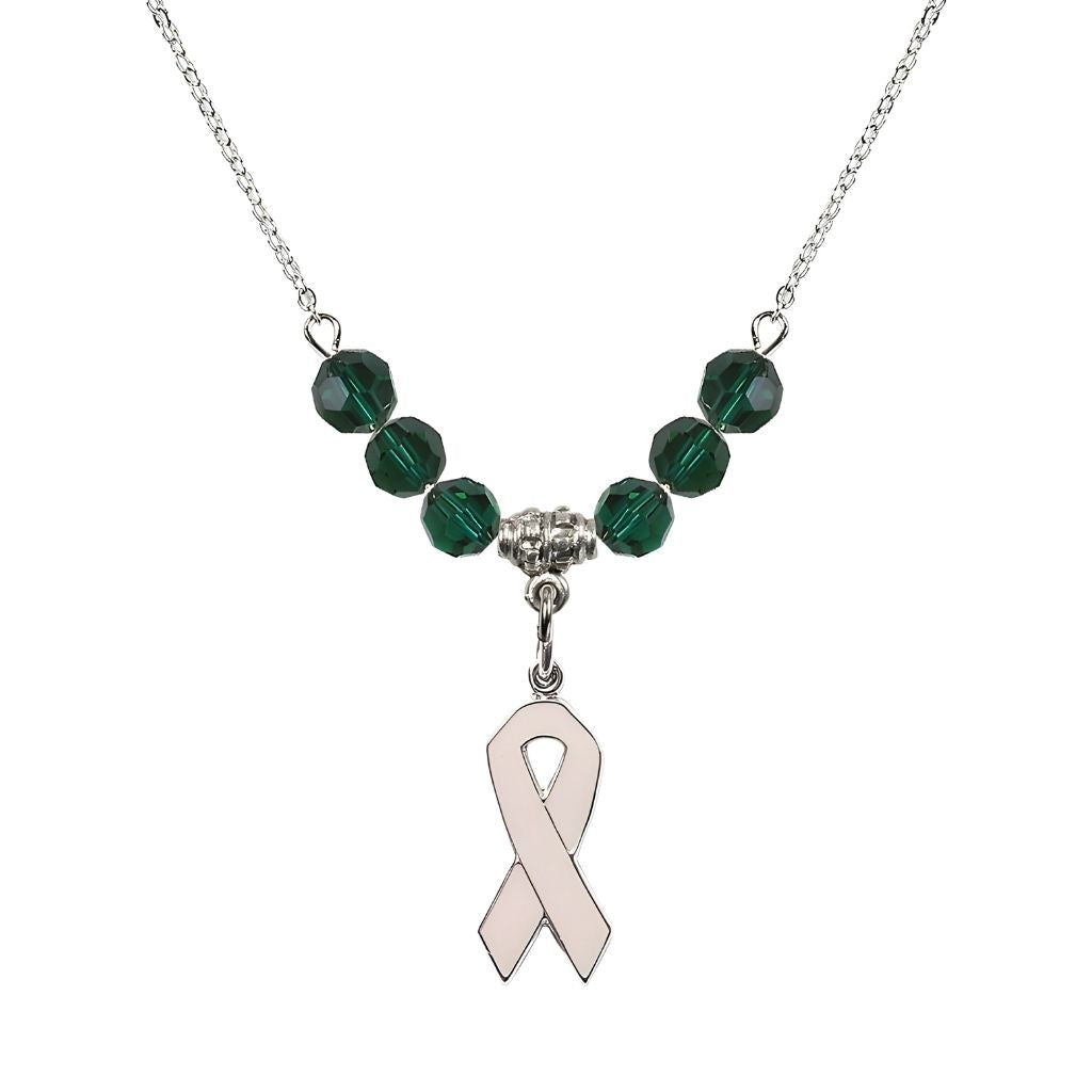 Bliss Sterling Silver Breast Cancer Awareness Pink Ribbon Emerald Crystal Beaded Necklace, Measures 7/8-inch tall by 1/4-inch wide