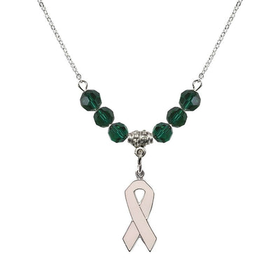 Sterling Silver Breast Cancer Awareness Pink Ribbon Emerald Crystal Beaded Necklace, Measures 7/8-inch tall by 1/4-inch wide, Bliss Manufacturing