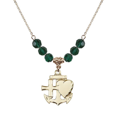 Christian Faith, Hope and Charity Gold-filled 6mm Emerald Crystal Birthstone Necklace, Bliss Manufacturing