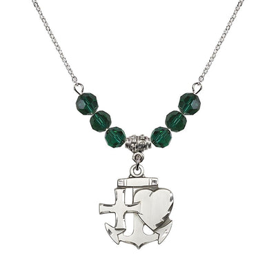Christian Faith, Hope and Charity Sterling Silver 6mm Emerald Crystal Birthstone Necklace, Medal Measures 7/8-inch tall by 3/4-inch wide, Bliss Manufacturing