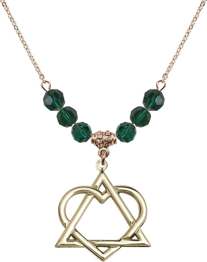 Hamilton Gold Plated Necklace with 6mm Emerald Crystal Beads featuring a 14kt Gold Filled Adoption Heart Medal,