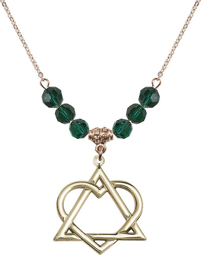 Hamilton Gold Plated Necklace with 6mm Emerald Crystal Beads featuring a 14kt Gold Filled Adoption Heart Medal, Bliss Manufacturing
