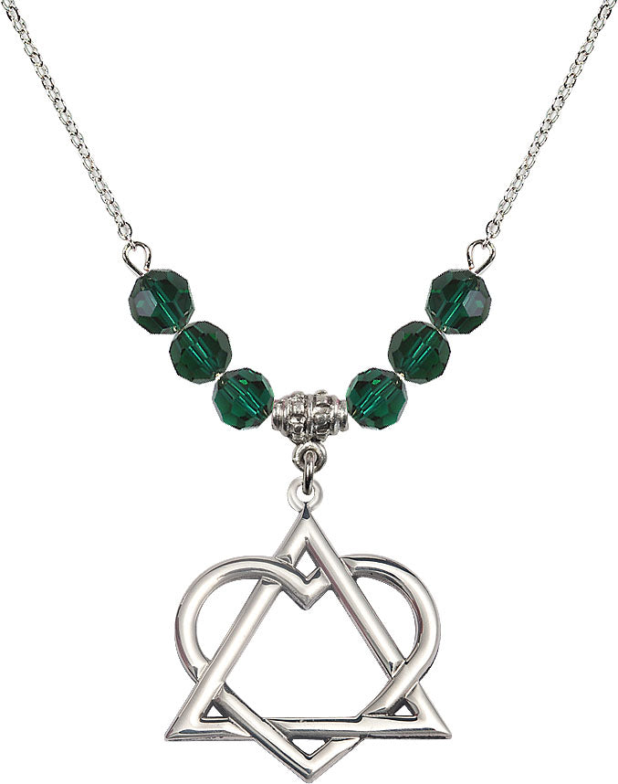 18" Rhodium Plated Necklace with 6mm Emerald Crystal Beads featuring a Sterling Silver Adoption Heart Medal,