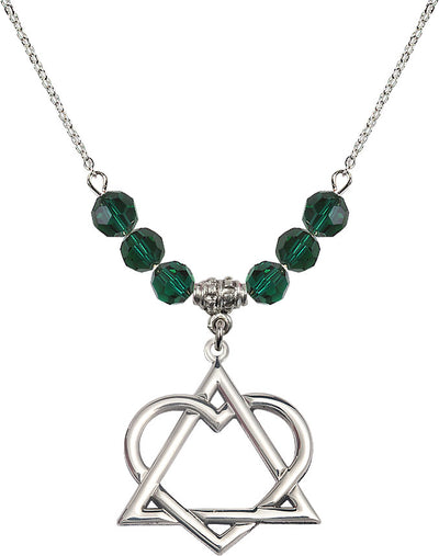 18" Rhodium Plated Necklace with 6mm Emerald Crystal Beads featuring a Sterling Silver Adoption Heart Medal, Bliss Manufacturing