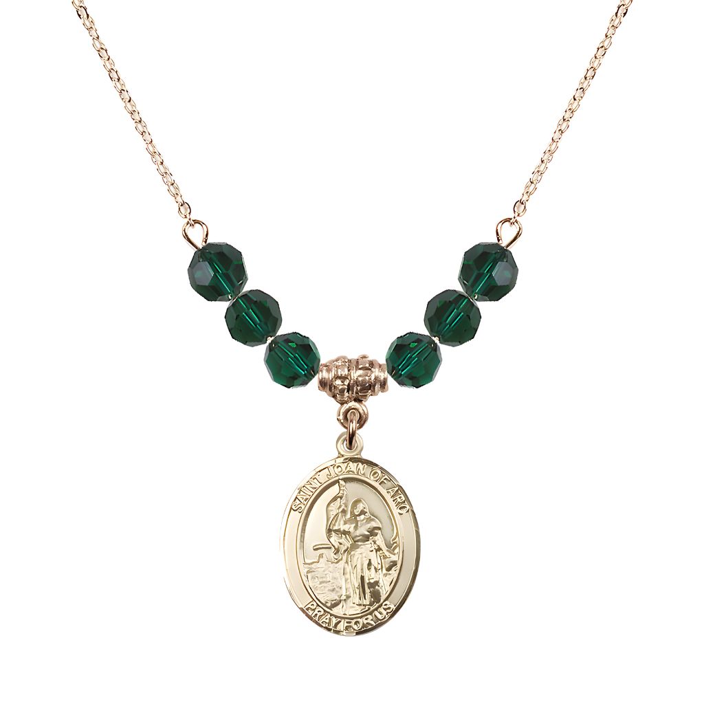 Bliss St. Joan of Arc Oval 14kt Gold-filled 6mm Emerald Austrian Crystal Beaded Necklace, Measures 3/4 inch tall by 1/2-inch wide, Gift Box.