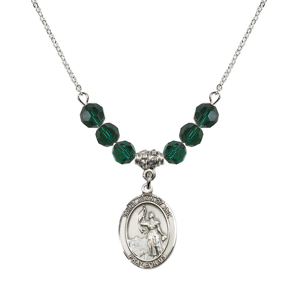 Bliss St. Joan of Arc Oval Sterling Silver 6mm Emerald Austrian Crystal Beaded Necklace, Measures 3/4 inch tall by 1/2-inch wide, Gift Box.