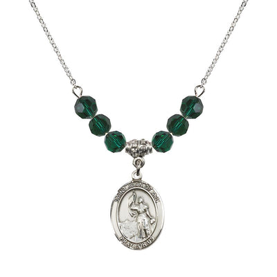 St. Joan of Arc Oval Sterling Silver 6mm Emerald Austrian Crystal Beaded Necklace, Measures 3/4 inch tall by 1/2-inch wide, Gift Box, Bliss Manufacturing