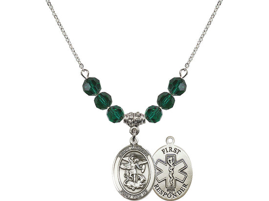 Bliss 1st Responder St Michael Sterling Silver Beaded Necklace in Emerald,