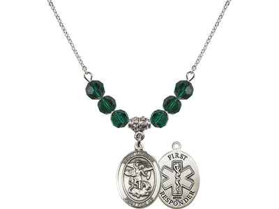 1st Responder St Michael Sterling Silver Beaded Necklace In Emerald, Bliss Manufacturing
