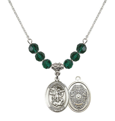 Police Officers St. Michael Sterling Silver 6mm Emerald Beaded Necklace, Measures 3/4 inch tall by 1/2-inch wide, Gift Box, Bliss Manufacturing