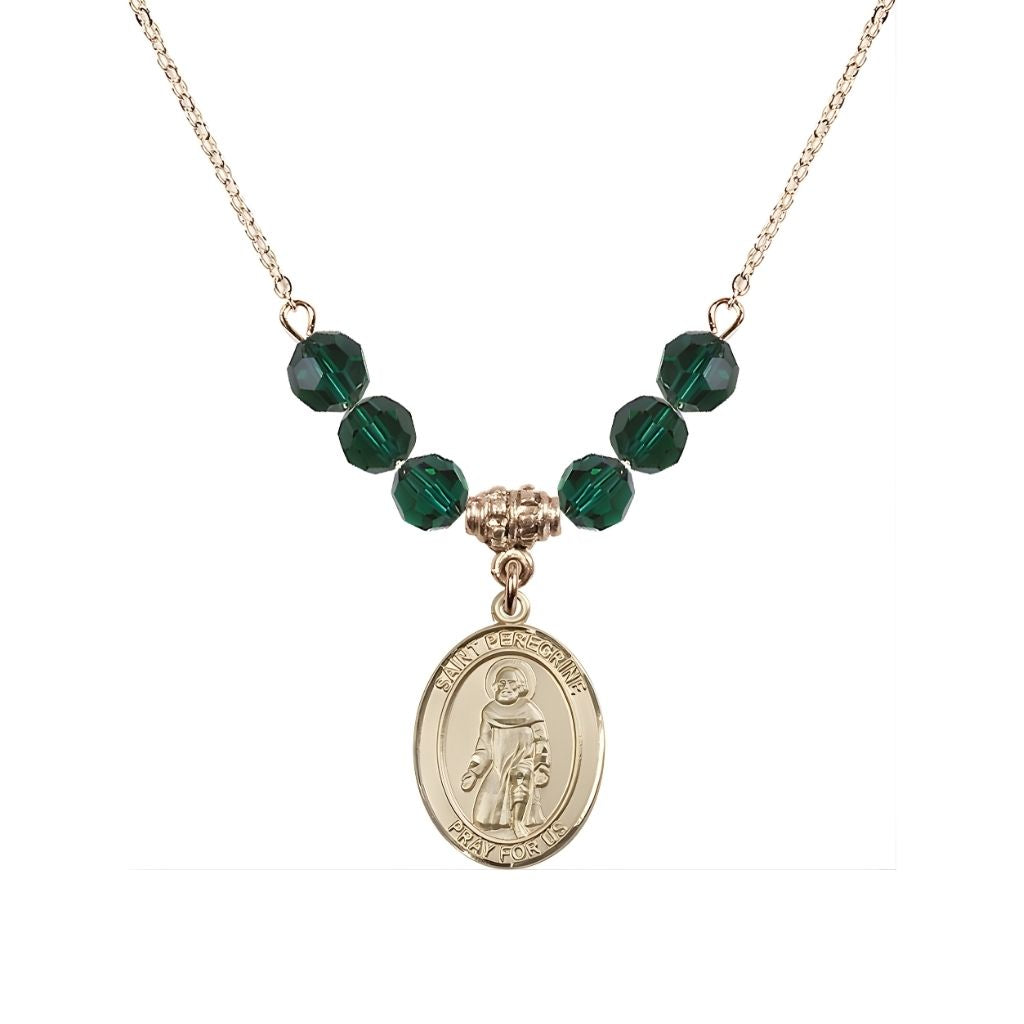 Bliss Our Lady of Fatima 14kt Gold-filled 6mm Emerald Beaded Necklace, Measures 3/4 inch tall by 1/2-inch wide, Gift Box