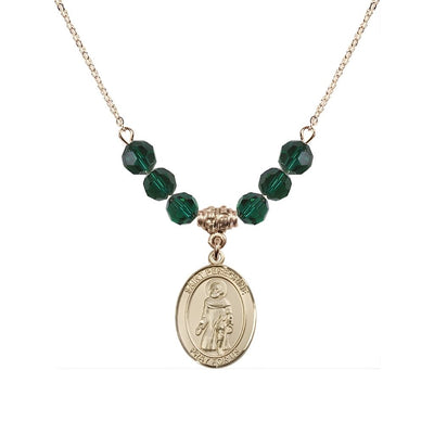 Our Lady of Fatima 14kt Gold-filled 6mm Emerald Beaded Necklace, Measures 3/4 inch tall by 1/2-inch wide, Gift Box, Bliss Manufacturing