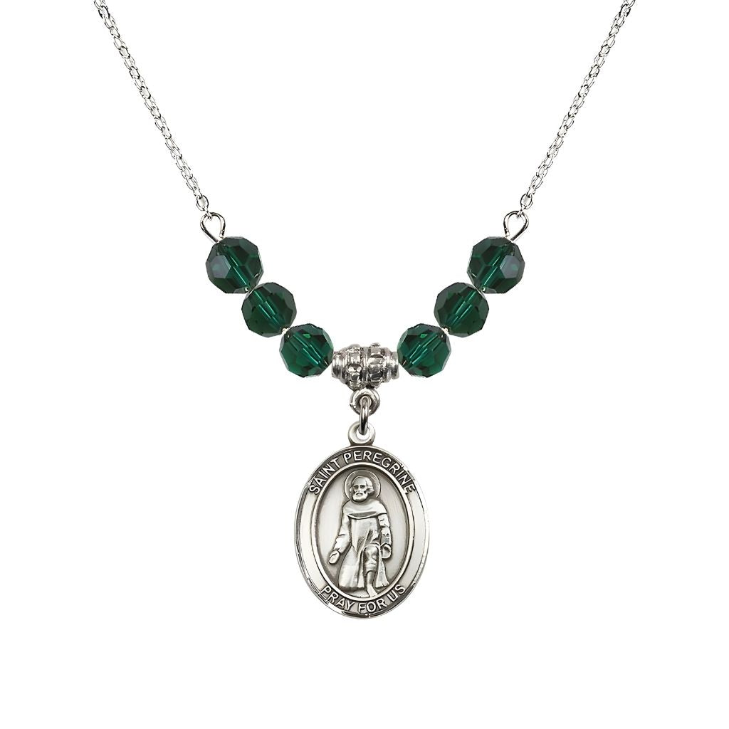 Bliss Our Lady of Fatima Sterling Silver 6mm Emerald Beaded Necklace, Measures 3/4 inch tall by 1/2-inch wide, Gift Box