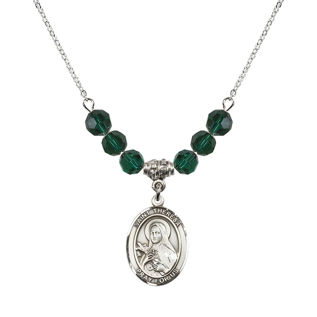 Bliss St. Theresa Sterling Silver Crystal Necklace, handcrafted in the USA, Birthstone 6mm Austrian Crystals in Emerald