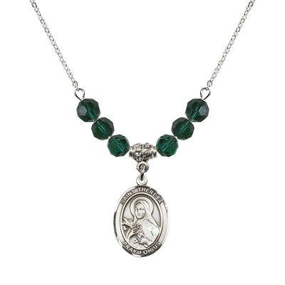 St. Theresa Sterling Silver Crystal Necklace, handcrafted in the USA, Birthstone 6mm Austrian Crystals in Emerald, Bliss Manufacturing