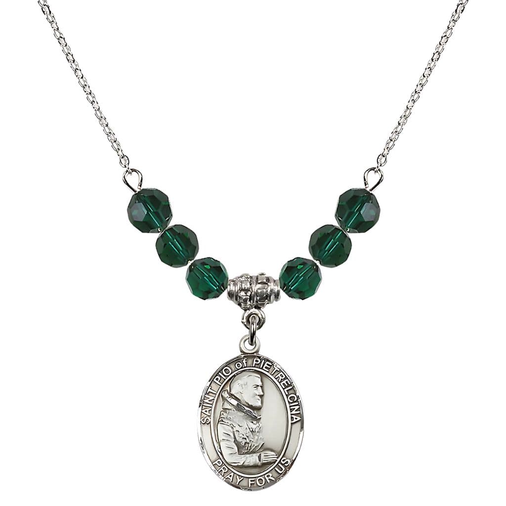 Bliss Sterling Silver St. Padre Pio of Pietrelcina Emerald Crystal Birthstone Necklace