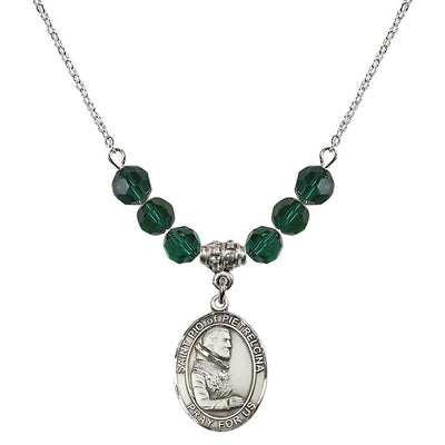 Sterling Silver St. Padre Pio of Pietrelcina Emerald Crystal Birthstone Necklace, Bliss Manufacturing