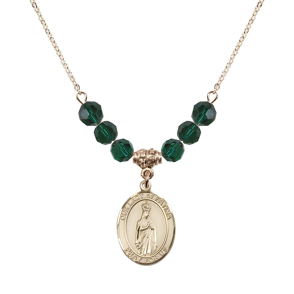 Bliss Our Lady of Fatima Gold-filled 6mm Emerald Beaded Necklace, Measures 3/4 inch tall by 1/2-inch wide, Gift Box