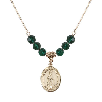 Our Lady of Fatima Gold-filled 6mm Emerald Beaded Necklace, Measures 3/4 inch tall by 1/2-inch wide, Gift Box, Bliss Manufacturing