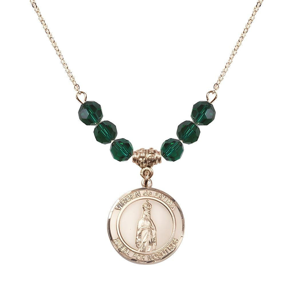 Bliss Virgen de Fatima Round 14kt Gold-filled 6mm Emerald Beaded Necklace, Measures 3/4 inch tall by 1/2-inch wide, Gift Box