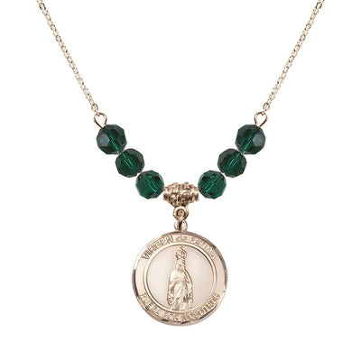 Virgen de Fatima Round 14kt Gold-filled 6mm Emerald Beaded Necklace, Measures 3/4 inch tall by 1/2-inch wide, Gift Box, Bliss Manufacturing