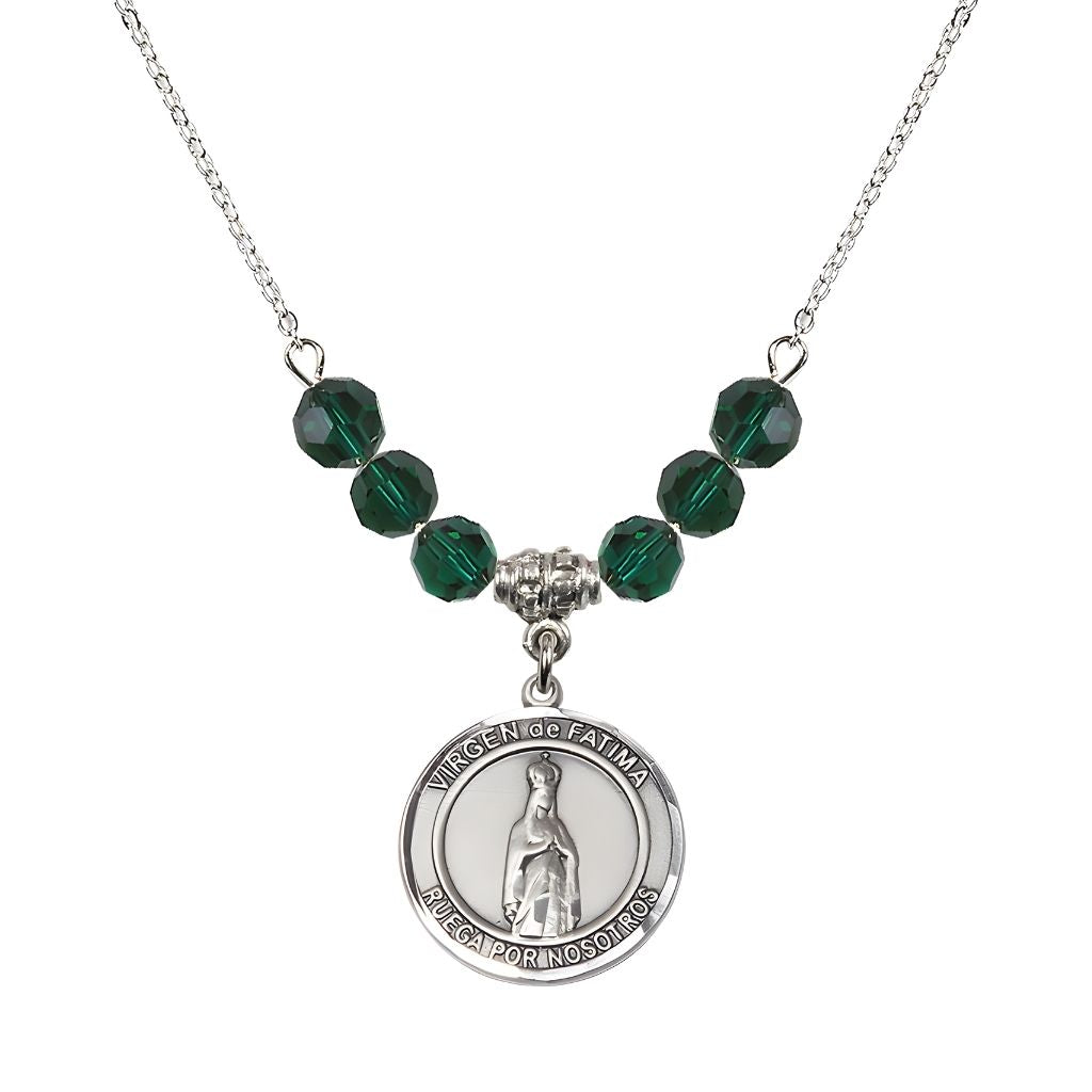 Bliss Virgen de Fatima Round Sterling Silver 6mm Emerald Beaded Necklace, Measures 3/4 inch tall by 1/2-inch wide, Gift Box