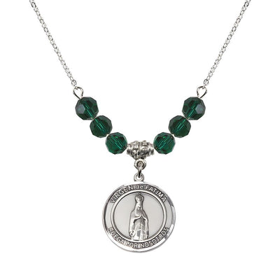 Virgen de Fatima Round Sterling Silver 6mm Emerald Beaded Necklace, Measures 3/4 inch tall by 1/2-inch wide, Gift Box, Bliss Manufacturing