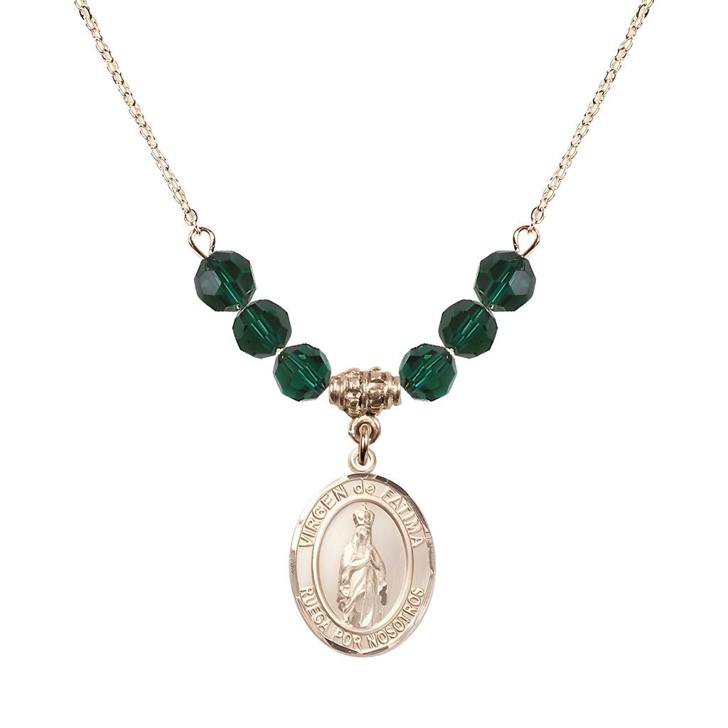 Bliss Virgen de Fatima 14kt Gold-filled 6mm Emerald Beaded Necklace, Measures 3/4 inch tall by 1/2-inch wide, Gift Box