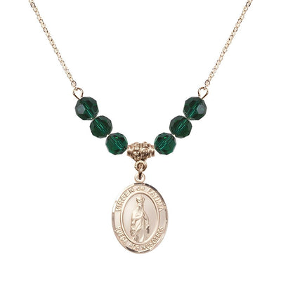 Virgen de Fatima 14kt Gold-filled 6mm Emerald Beaded Necklace, Measures 3/4 inch tall by 1/2-inch wide, Gift Box, Bliss Manufacturing